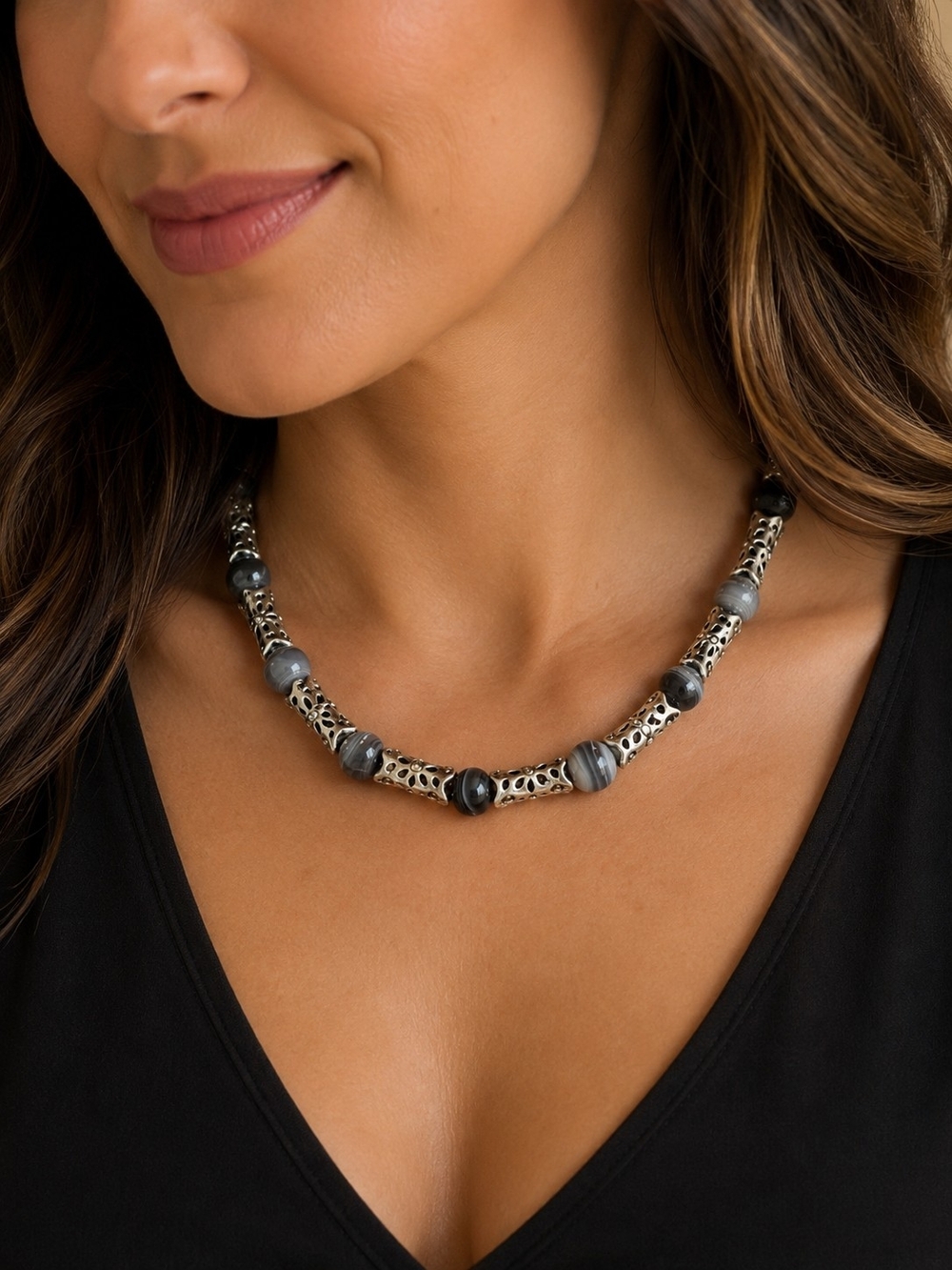 Vintage Brighton Sutherland Grey Botswana Agate & Silver Tube Bead Necklace
